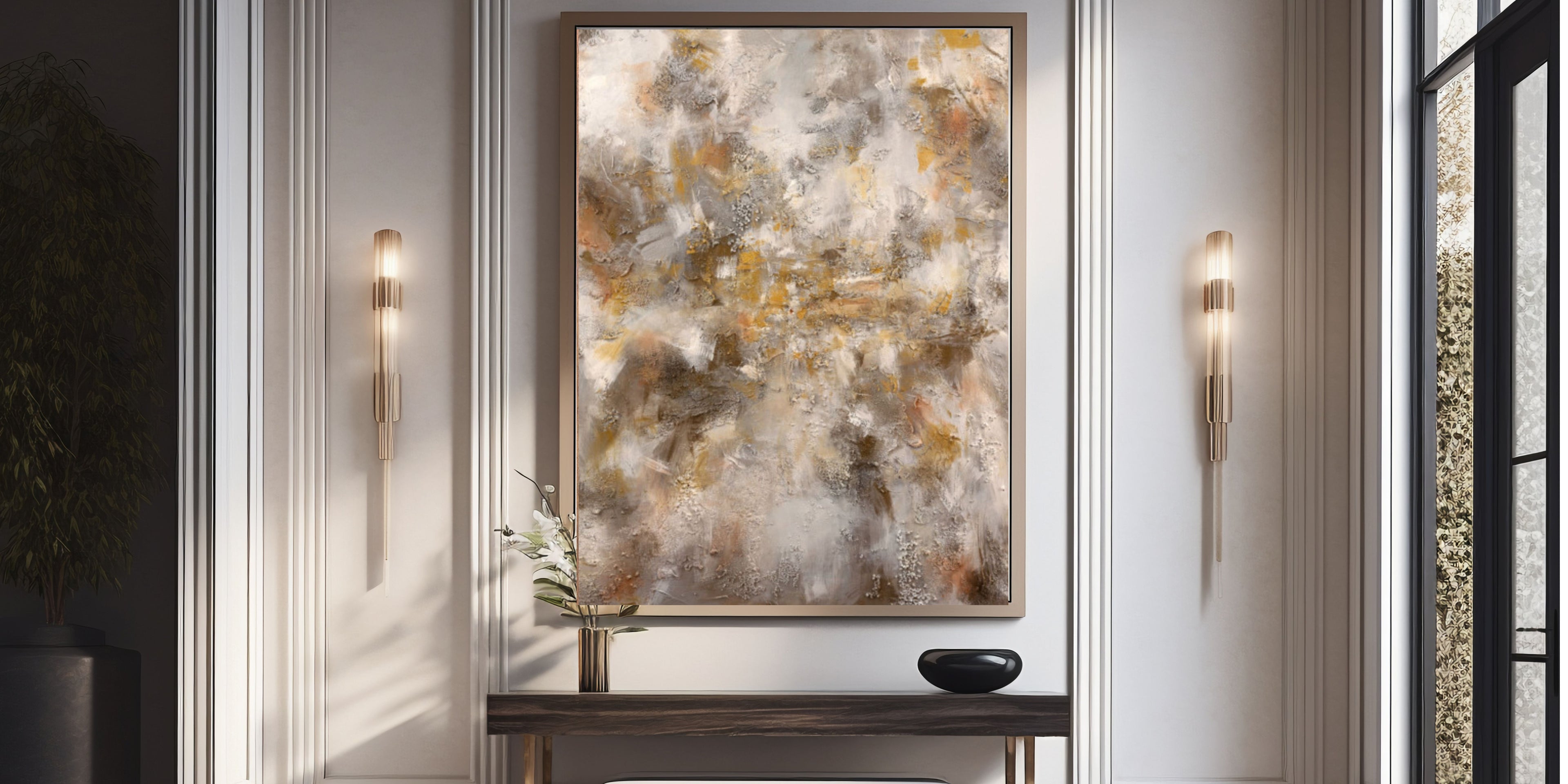 Abstract art piece in a modern interior setting with wall lights and decor.